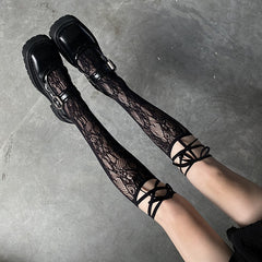 Self-tie Straps Black / White Lace Split Toes Under Knee Stockings