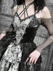 Metal Punk Dress Studs Neckline Detachable Tulle Overskirt