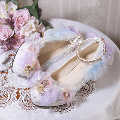 Rainbow Rhinestone and Bead Details Block Heel Ankle Strap