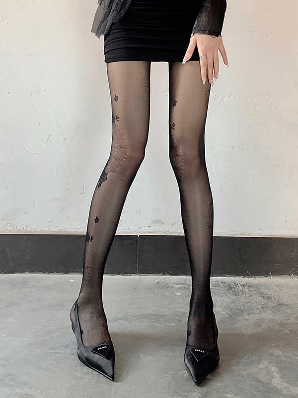Rose Pattern Black/Milk White Tattoo Pantyhose