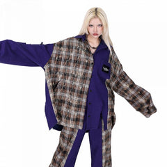 Plaid Patchwork Design Distressed Holes Purple Shirt