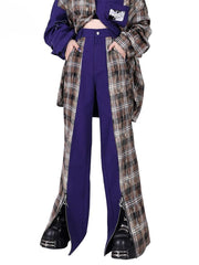 Plaid Patchwork Design  Zip Cuffs Purple Wide Leg Pants