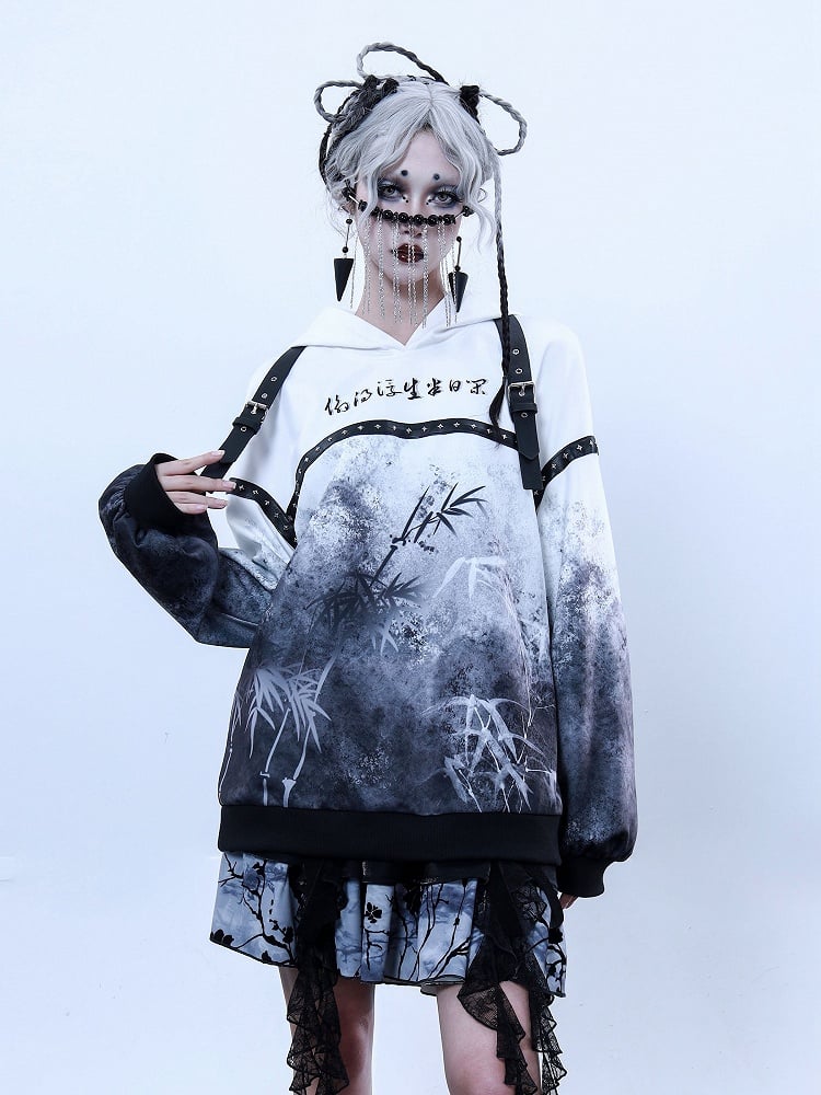 Sparse Shadow Bamboo Print Stud Decorated Detachable Buckle Hoodie