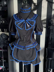 Contrast Blue Trim Black Sailor Collar Top and Tiered Mini Skirt Set Studs Decorated