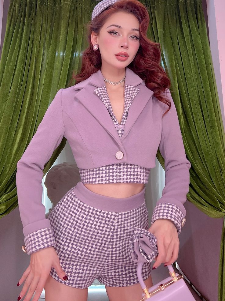 Notched Collar Purple Jacket Houndstooth Cuffs