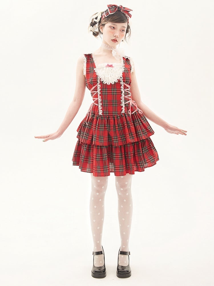 Lace Trim Lace-up Detail Red Plaid Dress Tiered Skirt
