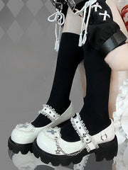 Lace Trim Heart-shaped Buckle Strap Chain Cross Decorated PU White Platforms