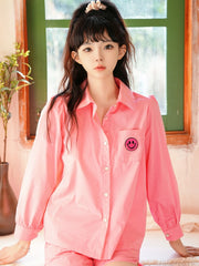 Pink Smiling Face Applique Sweet Pajama Set