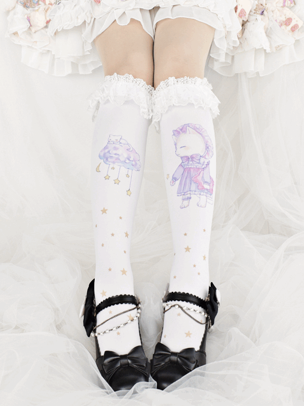 Ruffled Cuff Kitty Print Stockings