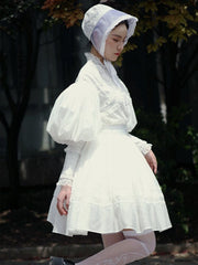 White  Leg-of-Mutton Sleeves Vintage Lace Blouse and White Skirt Short Version Set
