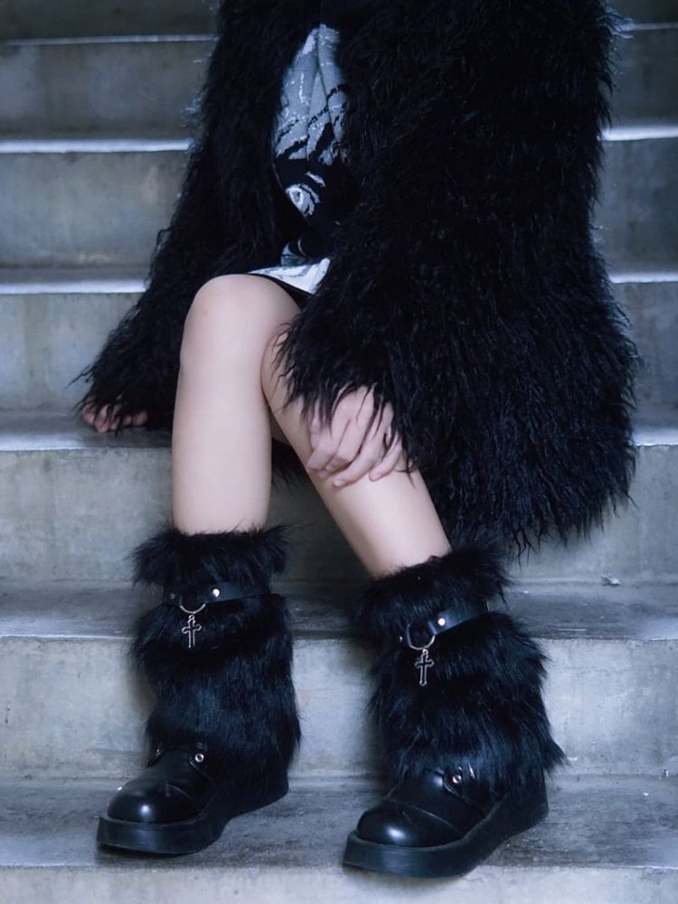 Handmade Metal Cross Decorated Black PU Strap Design Short Version Black Plush Leg Warmers