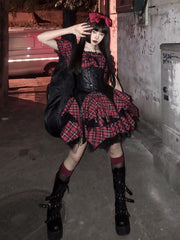 Red Plaid Lace Trim Top + Corset Belt + Handkerchief Hem Skirt Full Set Idol Dress