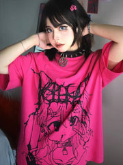 Rose Red/White Round Neck Graphic T-shirt