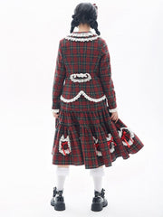 Lace Trim Petal Collar Bowknot Details Wine Red Plaid Jacket