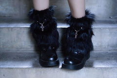 Handmade Metal Cross Decorated Black PU Strap Design Short Version Black Plush Leg Warmers