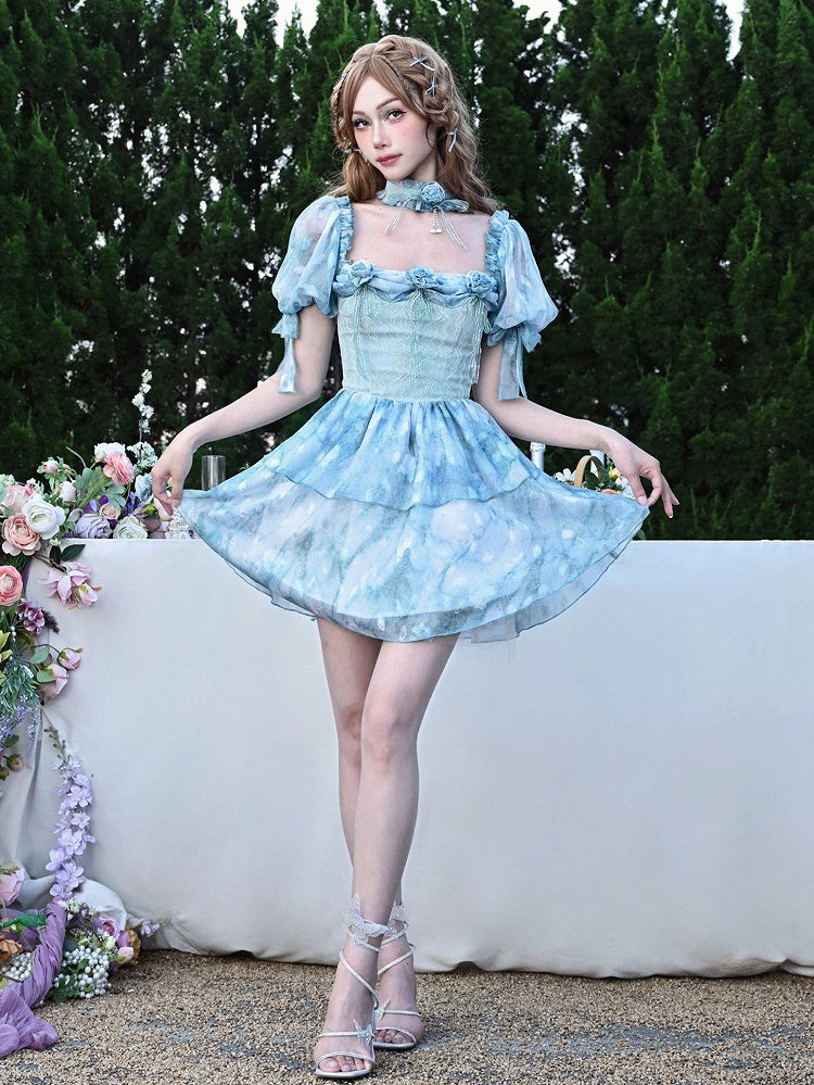 Puff Sleeves Blue Tie-dye Rosette Design Dress Tiered Skirt