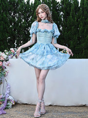 Puff Sleeves Blue Tie-dye Rosette Design Dress Tiered Skirt