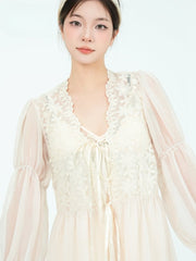White V-neck Lace Outerwear and Slip Dress Nightgown Set