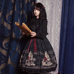 Nightingale and Rose Print Big Bow Ruffle Trim Lolita JSK