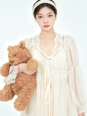 White V-neck Lace Outerwear and Slip Dress Nightgown Set