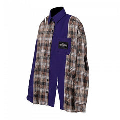 Plaid Patchwork Design Distressed Holes Purple Shirt