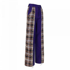 Plaid Patchwork Design  Zip Cuffs Purple Wide Leg Pants