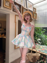 Rainbow Plaid Pattern Bubble Skirt Cami Dress