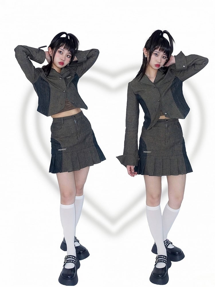 Notched Collar Colorblock Design Denim Cropped Blazer