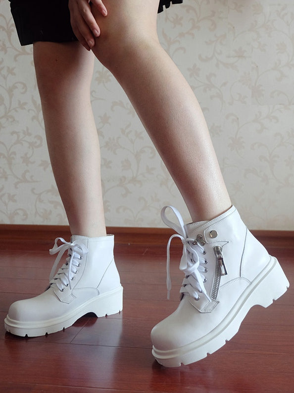 White/Black Zip Closure at Sides Design Round Toe Martens