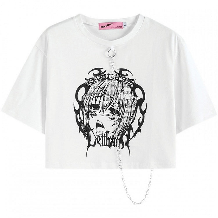 White Girl Print with Chain Cropped Top
