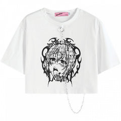 White Girl Print with Chain Cropped Top