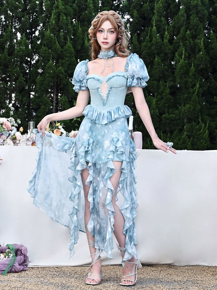 Puff Sleeves Blue Tie-dye Thigh-high Slit Dress Cascading Ruffle Trim