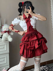 White Puff Sleeves Cropped Top with Black Bowknots