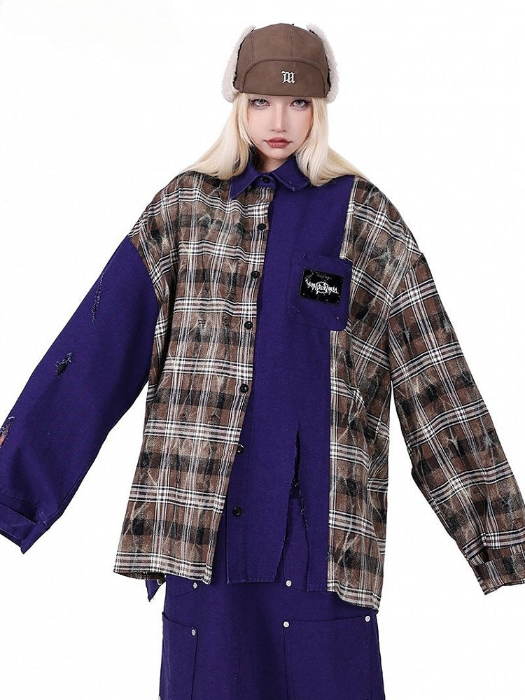 Plaid Patchwork Design Distressed Holes Purple Shirt