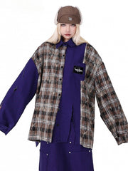 Clearance - Size L for Bust 157CM Plaid Patch Distressed Holes Purple Shirt