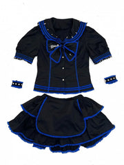 Contrast Blue Trim Black Sailor Collar Top and Tiered Mini Skirt Set Studs Decorated