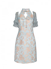 Hallucinogenic Mandarin Collar Jacquard Qipao+Tiered Flutter Sleeves Bolero Set